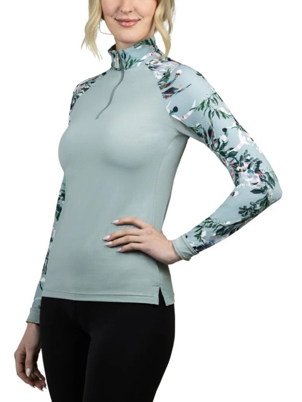Kastel Denmark 1/4 Zip Long Sleeve Shirt Sage Green Floral Botanical Small
